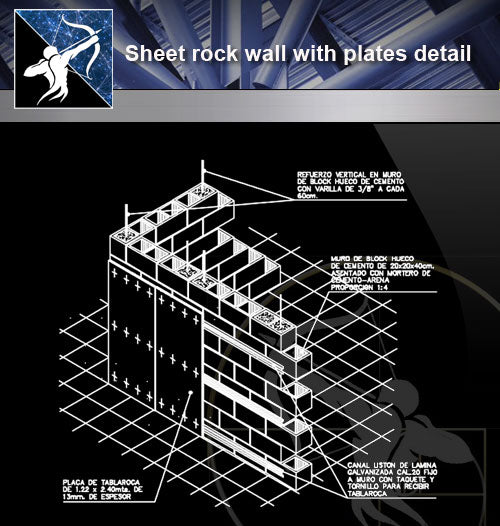 【Architecture Details】Sheet rock wall with plates detail - Architecture Autocad Blocks,CAD Details,CAD Drawings,3D Models,PSD,Vector,Sketchup Download