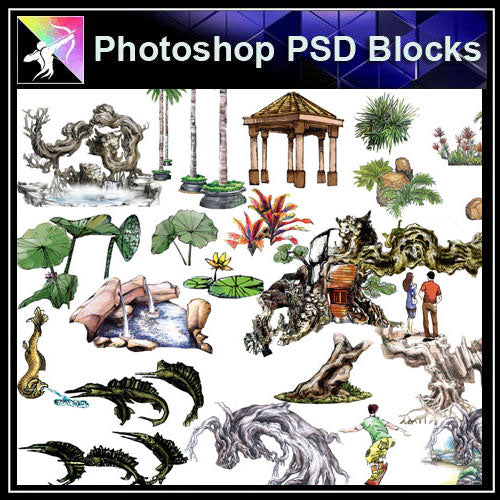 【Photoshop PSD Landscape Blocks】Hand-painted Landscape Blocks 3 - Architecture Autocad Blocks,CAD Details,CAD Drawings,3D Models,PSD,Vector,Sketchup Download