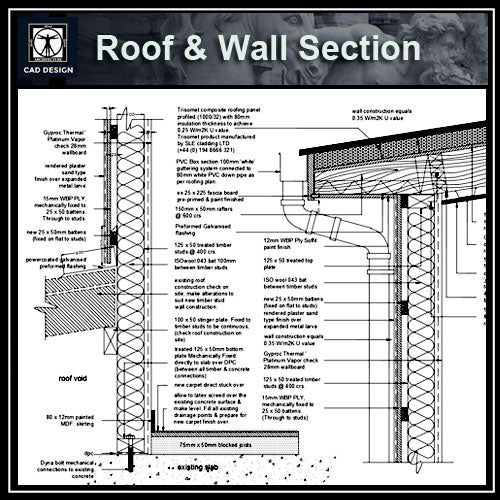 【Architecture Details】Roof & Wall Section Details - Architecture Autocad Blocks,CAD Details,CAD Drawings,3D Models,PSD,Vector,Sketchup Download