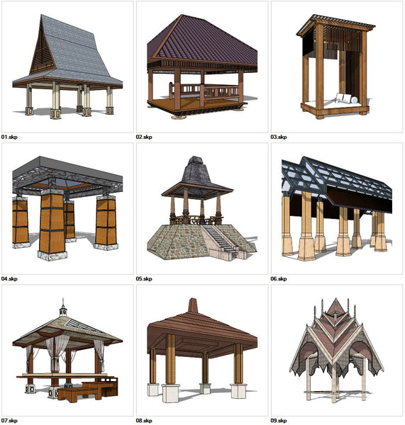 ★Sketchup 3D Models-9 Types of Asia Style Pavilion Design Sketchup Models V.1 - Architecture Autocad Blocks,CAD Details,CAD Drawings,3D Models,PSD,Vector,Sketchup Download