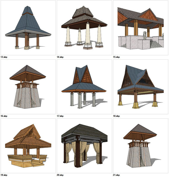 ★Sketchup 3D Models-9 Types of Asia Style Pavilion Design Sketchup Models V.2 - Architecture Autocad Blocks,CAD Details,CAD Drawings,3D Models,PSD,Vector,Sketchup Download