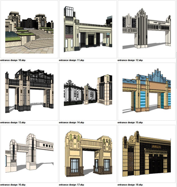 ★Sketchup 3D Models-9 Types of Artdeco Entrance Design Sketchup Models V.2 - Architecture Autocad Blocks,CAD Details,CAD Drawings,3D Models,PSD,Vector,Sketchup Download