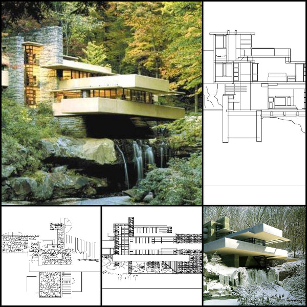 【World Famous Architecture CAD Drawings】Fallingwater House- Frank Lloyd Wright - Architecture Autocad Blocks,CAD Details,CAD Drawings,3D Models,PSD,Vector,Sketchup Download