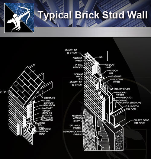 【Wall Details】Typical Brick Stud Wall - Architecture Autocad Blocks,CAD Details,CAD Drawings,3D Models,PSD,Vector,Sketchup Download