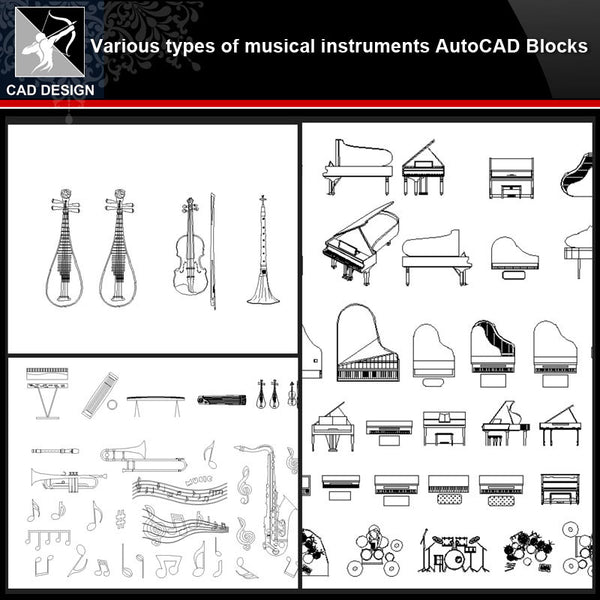 ★【Various types of musical instruments Autocad Blocks】All kinds of musical instruments CAD blocks Bundle - Architecture Autocad Blocks,CAD Details,CAD Drawings,3D Models,PSD,Vector,Sketchup Download