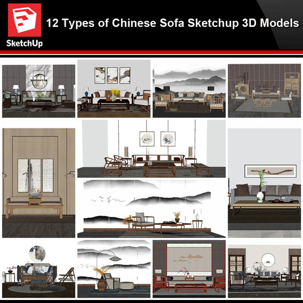 💎【Sketchup Architecture 3D Projects】12 Types of Chinese sofa Sketchup 3D Models - Architecture Autocad Blocks,CAD Details,CAD Drawings,3D Models,PSD,Vector,Sketchup Download