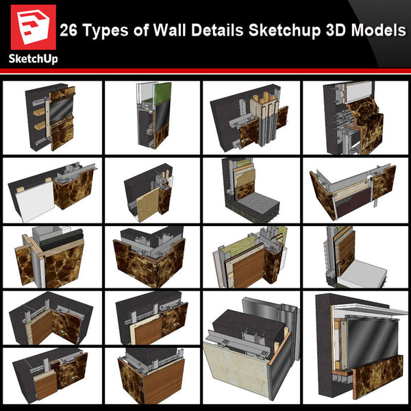 【Best 26 Types of Wall Details Sketchup 3D Detail Models】 (★Recommanded★) - Architecture Autocad Blocks,CAD Details,CAD Drawings,3D Models,PSD,Vector,Sketchup Download
