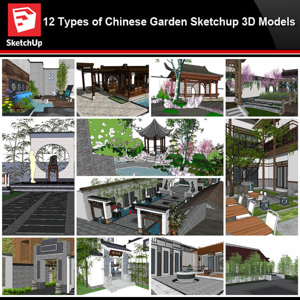 💎【Sketchup Architecture 3D Projects】12 Types of Chinese Garden Sketchup 3D Models - Architecture Autocad Blocks,CAD Details,CAD Drawings,3D Models,PSD,Vector,Sketchup Download