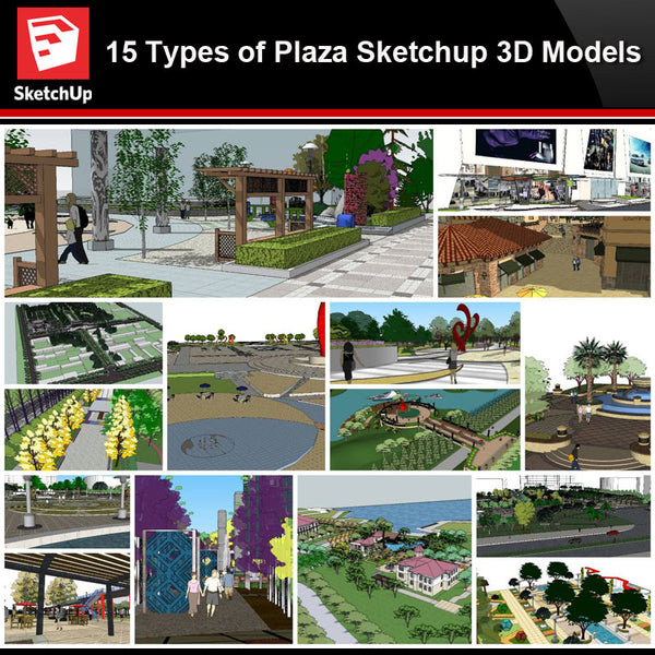 💎【Sketchup Architecture 3D Projects】15 Types of Plaza Landscape Sketchup 3D Models V3 - Architecture Autocad Blocks,CAD Details,CAD Drawings,3D Models,PSD,Vector,Sketchup Download