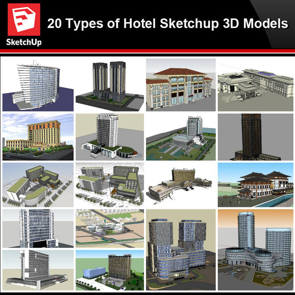 💎【Sketchup Architecture 3D Projects】20 Types of Hotel Sketchup 3D Models - Architecture Autocad Blocks,CAD Details,CAD Drawings,3D Models,PSD,Vector,Sketchup Download