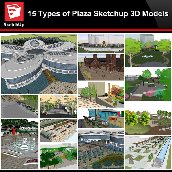 💎【Sketchup Architecture 3D Projects】15 Types of Plaza Landscape Sketchup 3D Models V1 - Architecture Autocad Blocks,CAD Details,CAD Drawings,3D Models,PSD,Vector,Sketchup Download