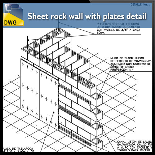 【CAD Details】Sheet rock wall with plates CAD Details - Architecture Autocad Blocks,CAD Details,CAD Drawings,3D Models,PSD,Vector,Sketchup Download