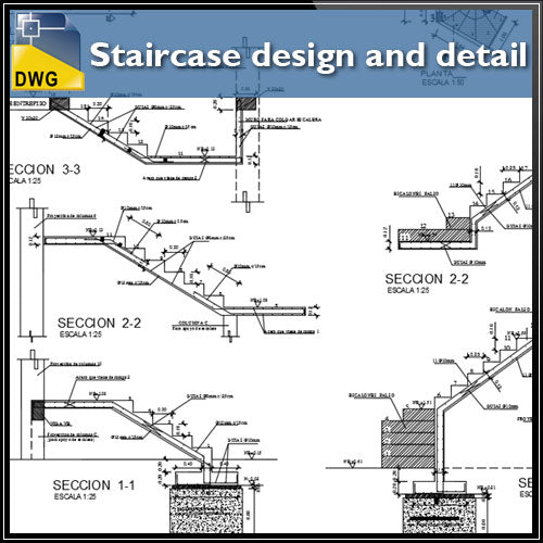 【CAD Details】Staircase design and CAD Details - Architecture Autocad Blocks,CAD Details,CAD Drawings,3D Models,PSD,Vector,Sketchup Download