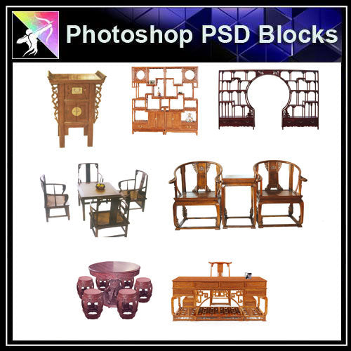 【Photoshop PSD Blocks】Chinese Furniture 1 - Architecture Autocad Blocks,CAD Details,CAD Drawings,3D Models,PSD,Vector,Sketchup Download