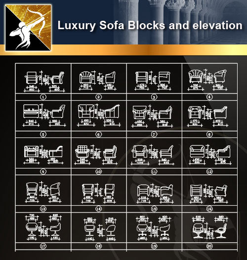 ★Luxury Sofa Blocks and elevation - Architecture Autocad Blocks,CAD Details,CAD Drawings,3D Models,PSD,Vector,Sketchup Download