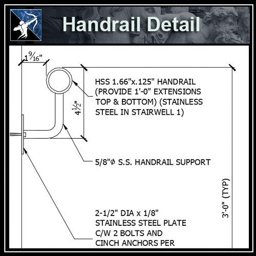 ★Free CAD Details-Handrail Detail (@ Wall) - Architecture Autocad Blocks,CAD Details,CAD Drawings,3D Models,PSD,Vector,Sketchup Download