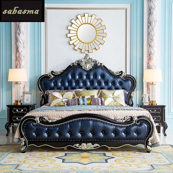 European double bed 1.8m wedding bed luxury ebony carved leather bed American master bedroom light luxury big bed
