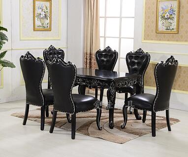 European-style dining table and chair combination 6 people black solid wood carving rectangular table simple small family .