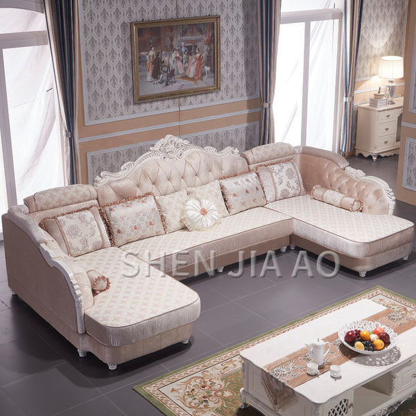 European-style Fabric Sofa Combination U-Shaped Small Living Room Solid Wood Corner Sofa Double Chaise Longue Style Sofa 1PC
