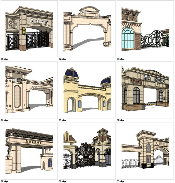 ★Sketchup 3D Models-9 Types of Neoclassicism Style Entrance Design Sketchup Models V.1 - Architecture Autocad Blocks,CAD Details,CAD Drawings,3D Models,PSD,Vector,Sketchup Download