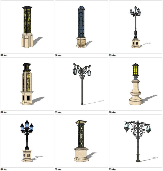 ★Sketchup 3D Models-9 Types of Neoclassicism Style Street light Sketchup Models V.1 - Architecture Autocad Blocks,CAD Details,CAD Drawings,3D Models,PSD,Vector,Sketchup Download