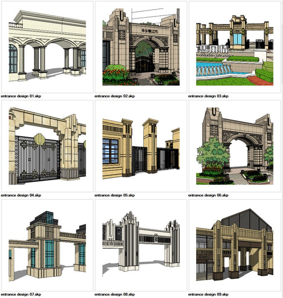 ★Sketchup 3D Models-9 Types of Artdeco Entrance Design Sketchup Models V.1 - Architecture Autocad Blocks,CAD Details,CAD Drawings,3D Models,PSD,Vector,Sketchup Download