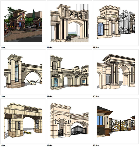 ★Sketchup 3D Models-9 Types of Neoclassicism Style Entrance Design Sketchup Models V.2 - Architecture Autocad Blocks,CAD Details,CAD Drawings,3D Models,PSD,Vector,Sketchup Download