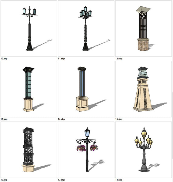 ★Sketchup 3D Models-9 Types of Neoclassicism Style Street light Sketchup Models V.2 - Architecture Autocad Blocks,CAD Details,CAD Drawings,3D Models,PSD,Vector,Sketchup Download