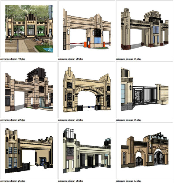 ★Sketchup 3D Models-9 Types of Artdeco Entrance Design Sketchup Models V.3 - Architecture Autocad Blocks,CAD Details,CAD Drawings,3D Models,PSD,Vector,Sketchup Download