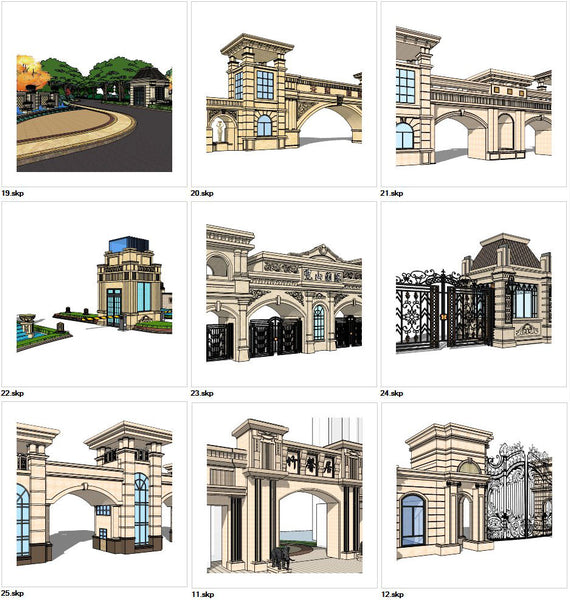 ★Sketchup 3D Models-9 Types of Neoclassicism Style Entrance Design Sketchup Models V.3 - Architecture Autocad Blocks,CAD Details,CAD Drawings,3D Models,PSD,Vector,Sketchup Download