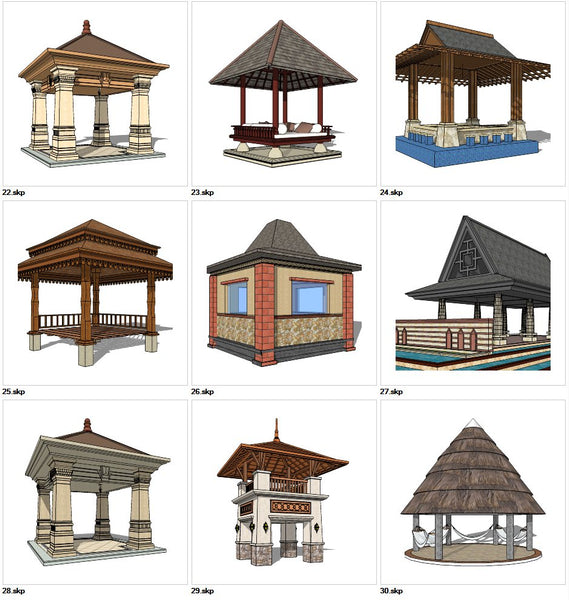 ★Sketchup 3D Models-9 Types of Asia Style Pavilion Design Sketchup Models V.3 - Architecture Autocad Blocks,CAD Details,CAD Drawings,3D Models,PSD,Vector,Sketchup Download